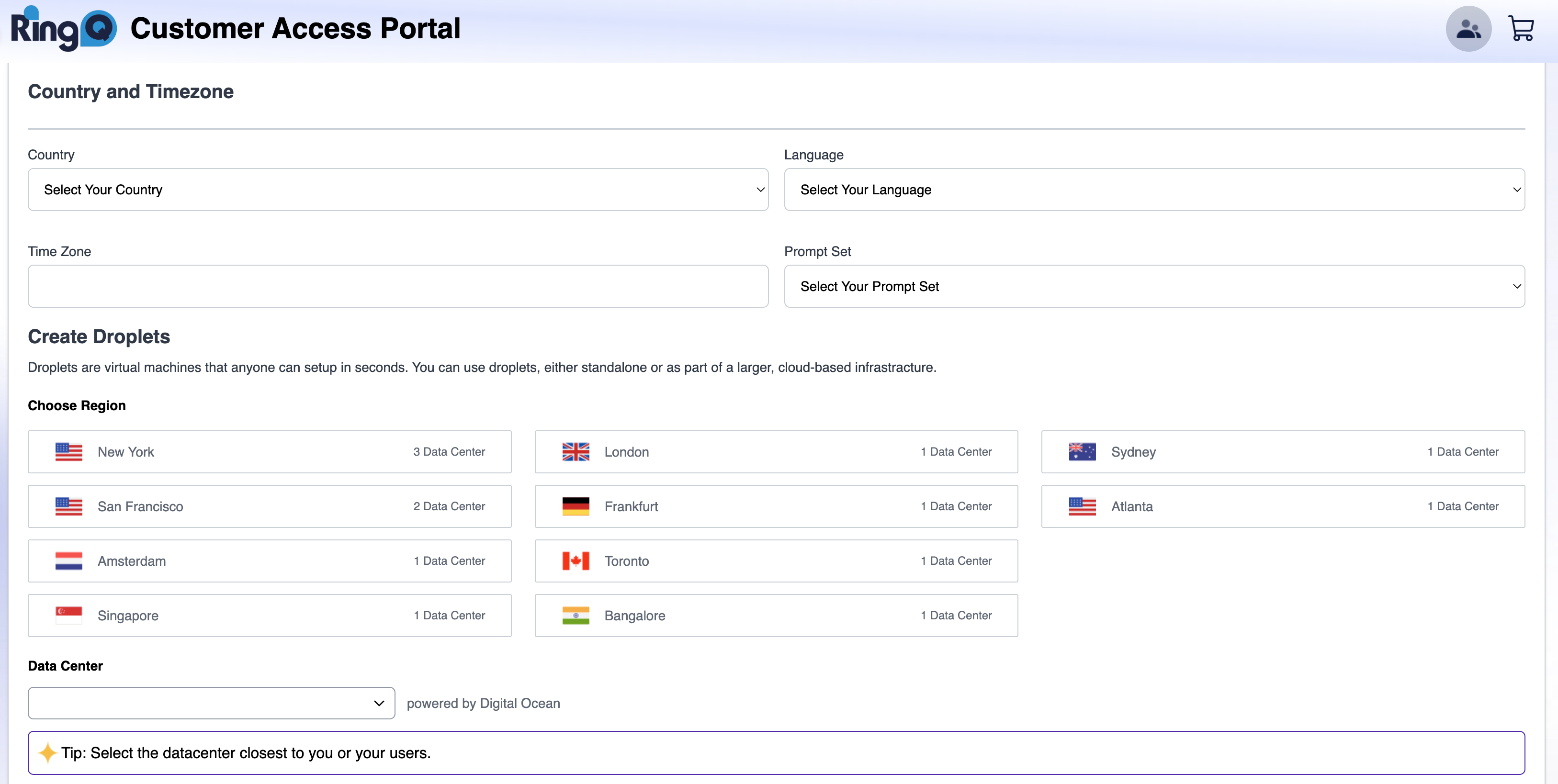 Select your country, timexone and datacenter